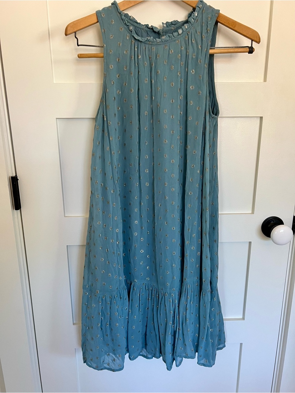Anthropologie Teal Blue Sleeveless Midi Dress with Metallic Dots